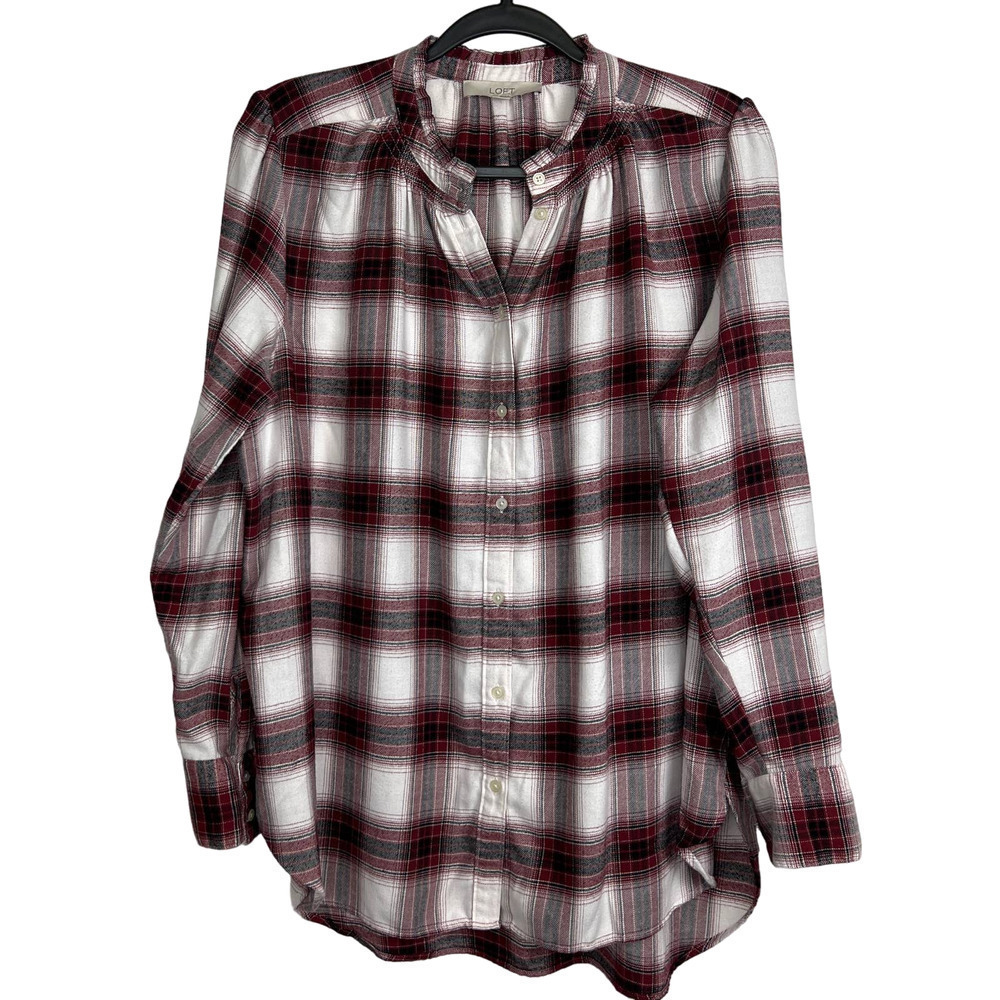 COPY - Loft Red Plaid Smocked Ruffle Neck Flannel Size XL